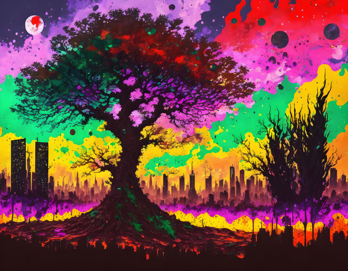 Colorful digital artwork: Tree with multicolored canopy in surreal cityscape