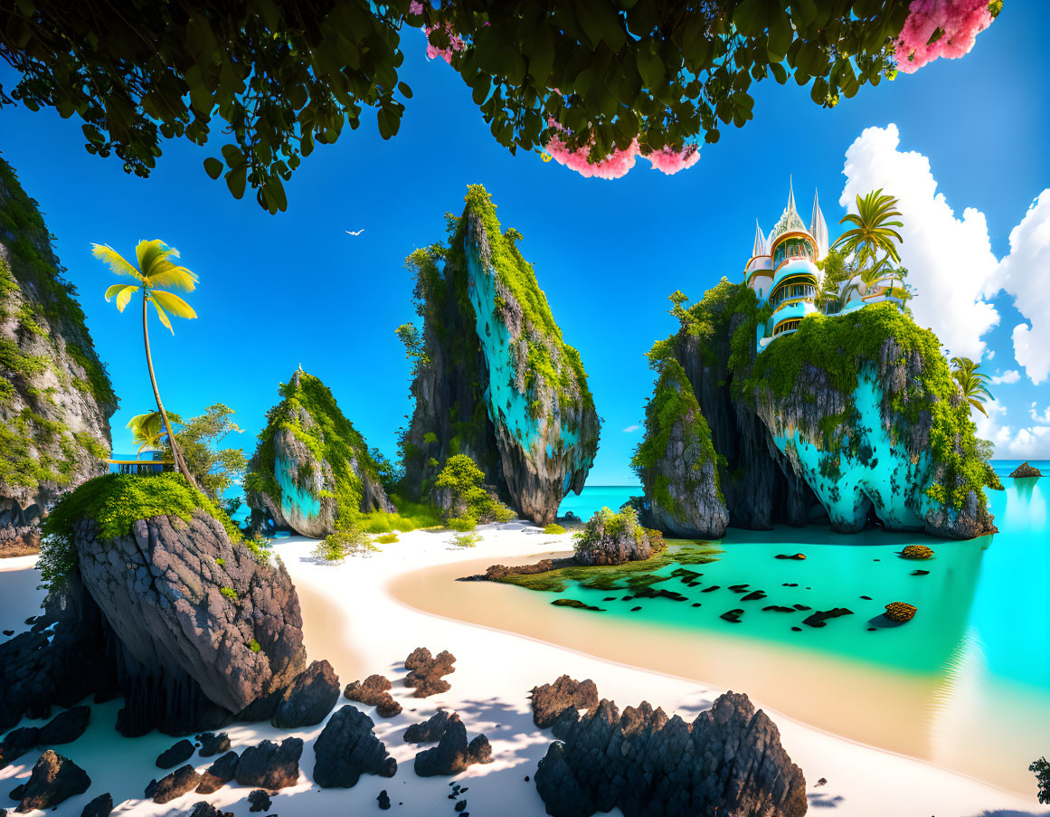 Scenic tropical beach with castle, rock formations, palm trees