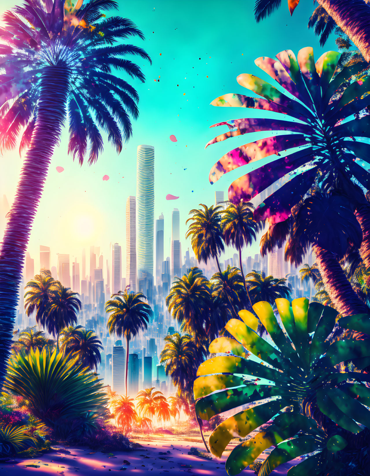 Futuristic cityscape art with tropical foliage and pastel sky