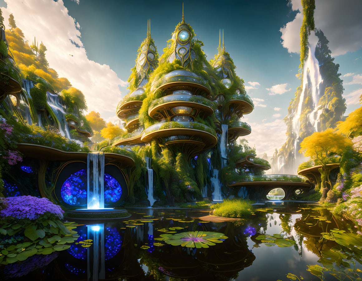 Majestic waterfalls and futuristic buildings in serene fantasy landscape