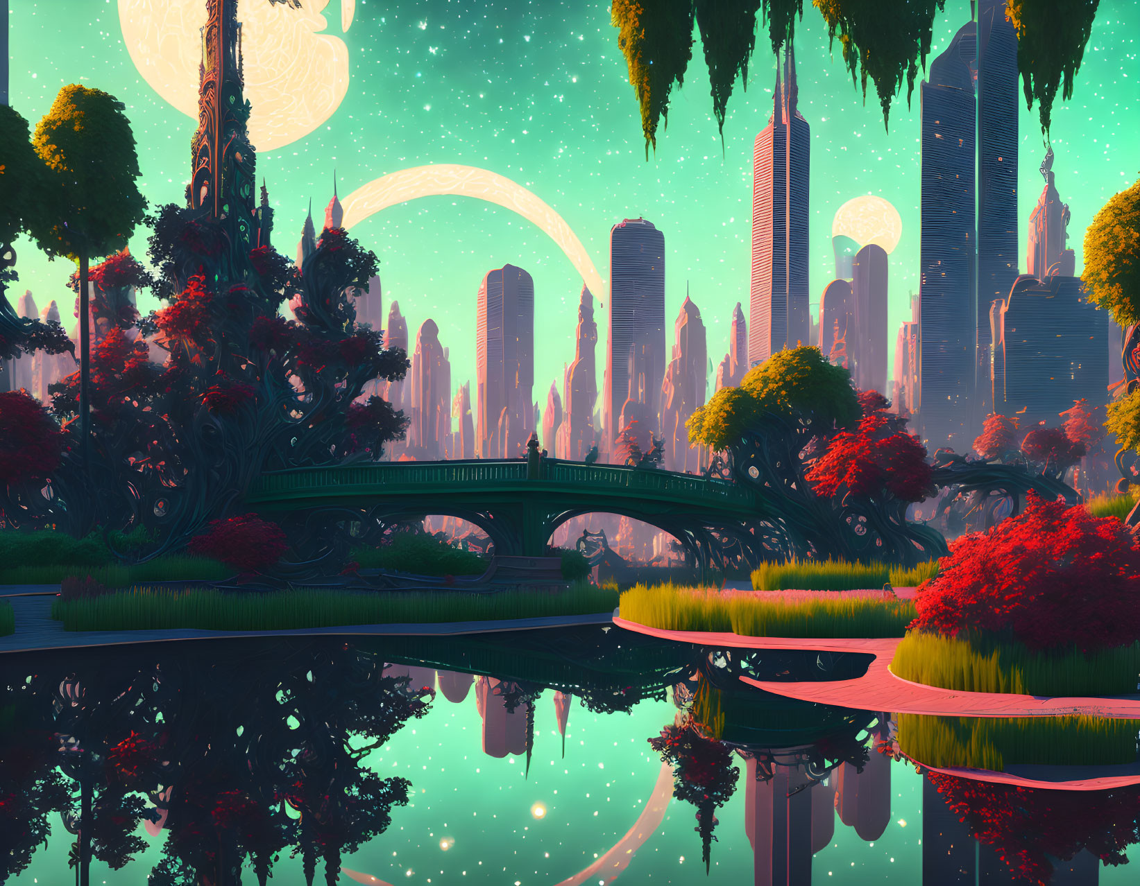 Futuristic cityscape with greenery, bridge, moons in pink and teal sky