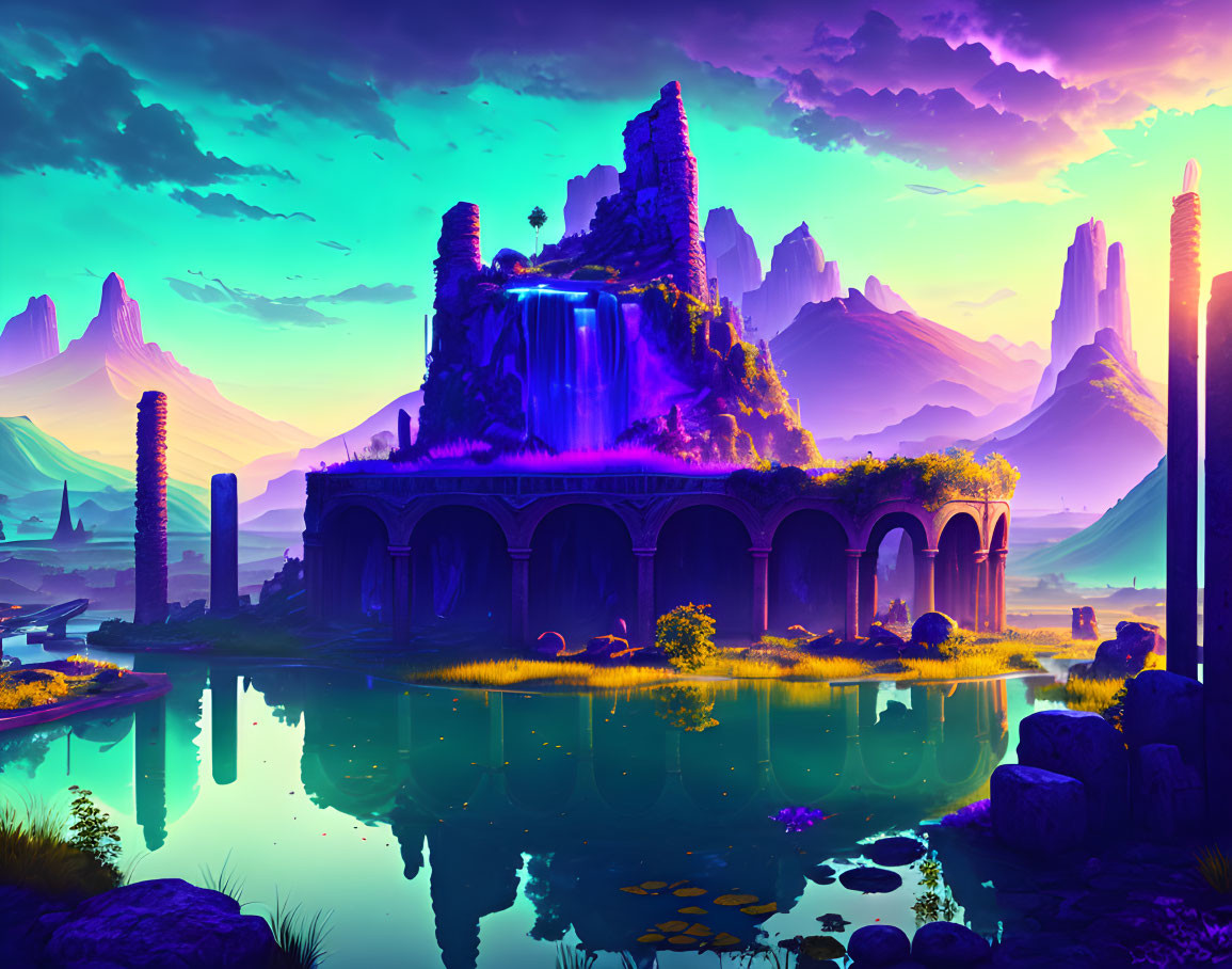 Fantastical landscape with ancient temple, waterfalls, luminous vegetation, and majestic mountains