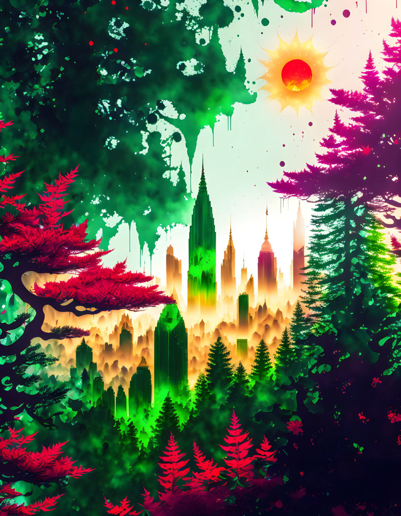 Colorful fantasy landscape with glowing sun and skyscrapers blending into mystical forest