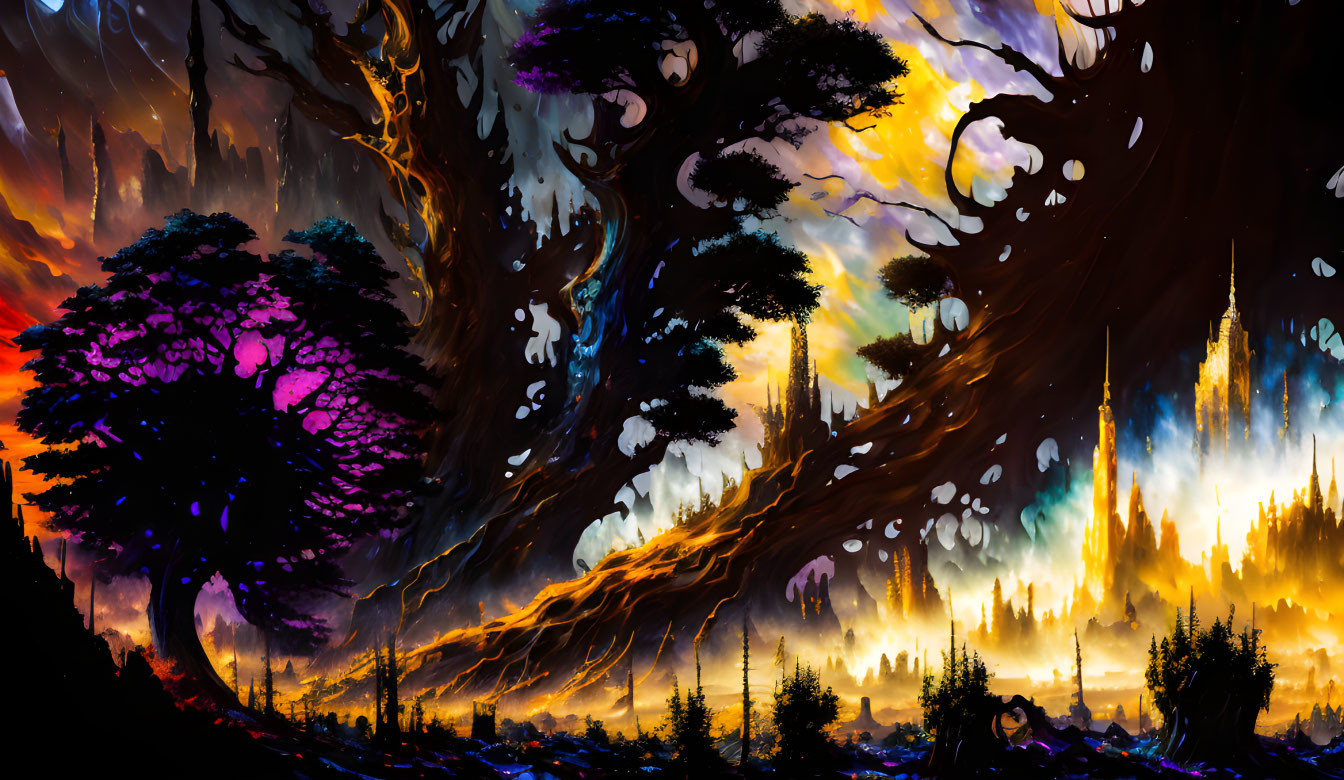 Colorful Fantasy Landscape with Tree, Castle, and Sky