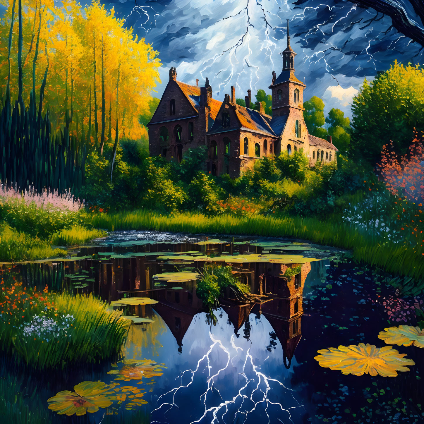 Scenic painting of old mansion by pond in stormy sky