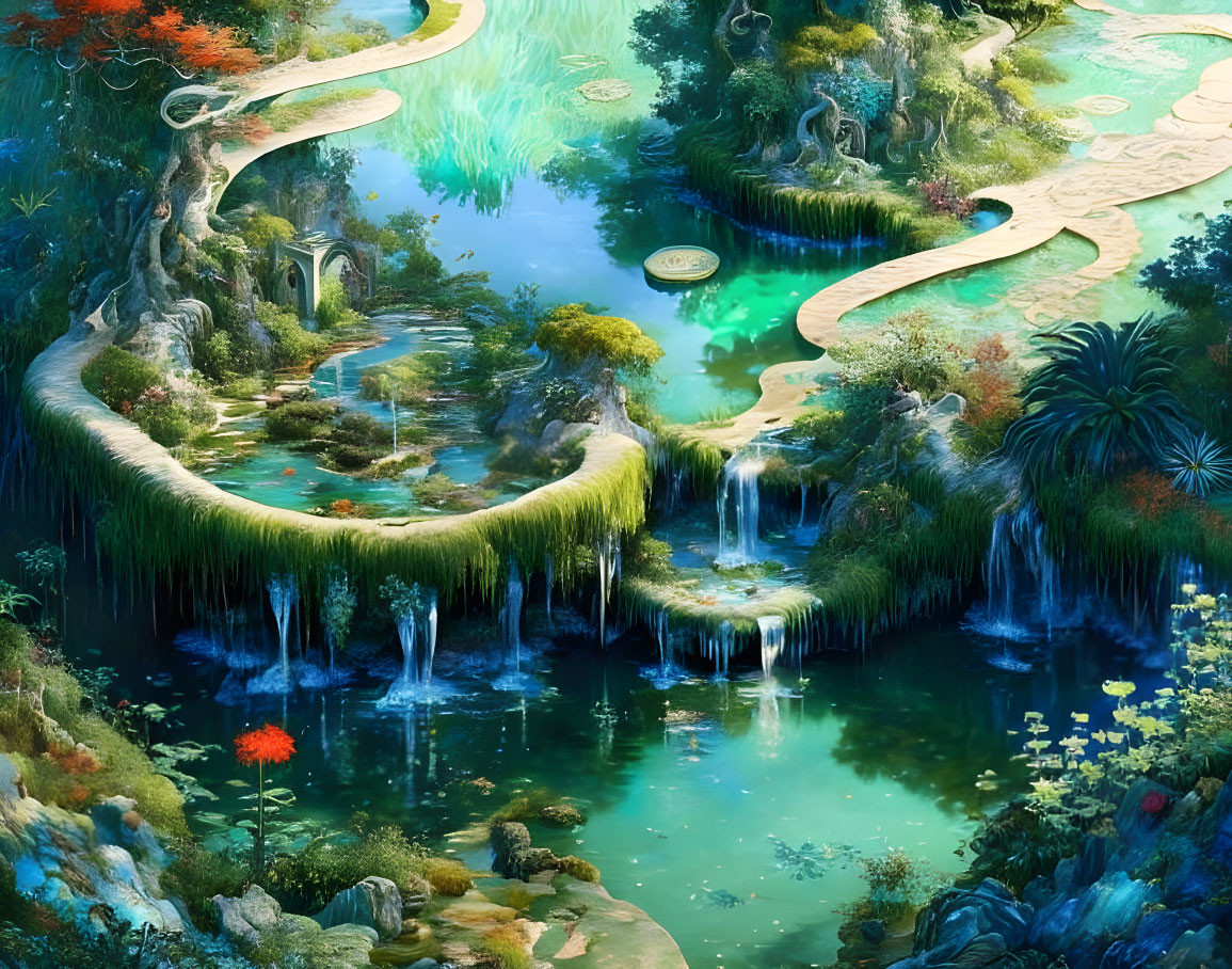 Fantastical landscape with floating pathways above lush forest, waterfalls & turquoise lake