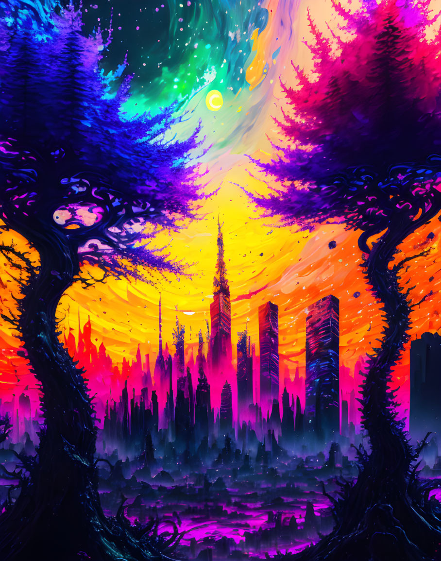 Vivid colorful artwork: Fantastical cityscape at sunset with silhouetted trees under swirling