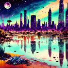 Futuristic cityscape with skyscrapers, moon, and starlit sky