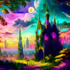 Fantasy landscape with spired structures, moonlit sky, glowing doorway, and alien flora.