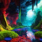 Colorful Alien Forest: Red Trees, Neon Green Foliage, Serene Pond, Blue Sky