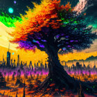 Colorful tree against surreal cityscape under starry sky with celestial bodies and nebulous clouds.