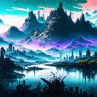 Ethereal landscape with spires, reflective lake, vibrant sky, multiple moons, dream-like ambiance