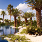 Futuristic cityscape with skyscrapers, trees, boulders, and calm waters