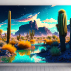 Surreal colorful landscape with cacti, mountains, lake, starry sky