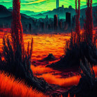 Orange Terrain and Red Flora in Futuristic Landscape