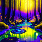 Vibrant fantasy landscape with glowing flora, ethereal structures, serene river, and mystical whirl in