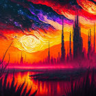 Surreal landscape with swirling skies and spire-like structures