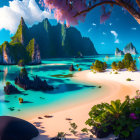 Alien beachscape with blue waters, floating islands, waterfalls, and red flora