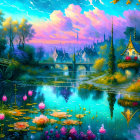 Colorful fantasy landscape with reflective lake, vibrant flora, ornate gazebo, and dreamlike sky