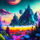 Futuristic landscape with purple flora, neon skies, city silhouette