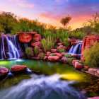 Fantasy landscape with luminous flowers, reflective pond, stone bridge, futuristic spires, starry