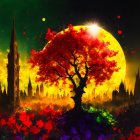 Vibrant fantasy landscape with crimson tree, glowing flowers, and starry sky