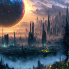 Futuristic cityscape with towering spires and giant planet in misty dusk