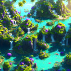 Fantastical landscape with neon water and golden islands