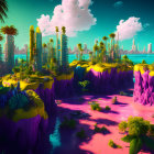 Colorful fantasy landscape with lush gardens and purple waterfalls