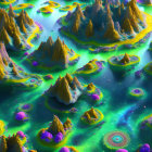 Colorful alien world with floating islands, glowing plants, and waterways