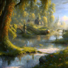 Fantastical landscape with ethereal castle, vibrant flora, serene lake