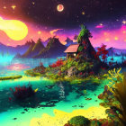 Fantasy landscape with isolated house on small island in colorful lagoon under starry sky.