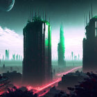 Futuristic cityscape with neon-lit skyscrapers at dusk