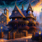 Fantastical castle with spires under starry sky and warm glow in mystical landscape