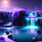 Frozen Waterfall Illuminated by Purple and Blue Lights in Winter Night