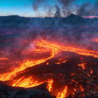 Colorful fantastical landscape with fiery river and floating islands