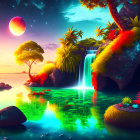 Fantasy landscape with waterfalls, exotic flora, reflective lake, and large moon