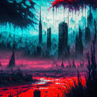 Dystopian cityscape with red and blue hues under blood-red sky