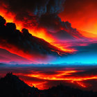 Apocalyptic landscape with lightning storms, lava rivers, and fiery sky