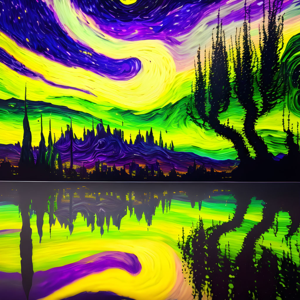 Colorful swirling patterns in night sky over trees and water.