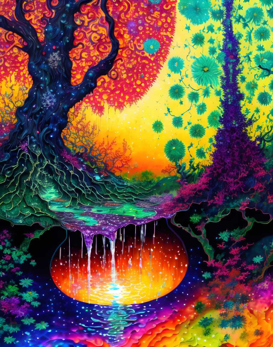 Colorful Psychedelic Tree Artwork with Dripping Base and Swirling Patterns