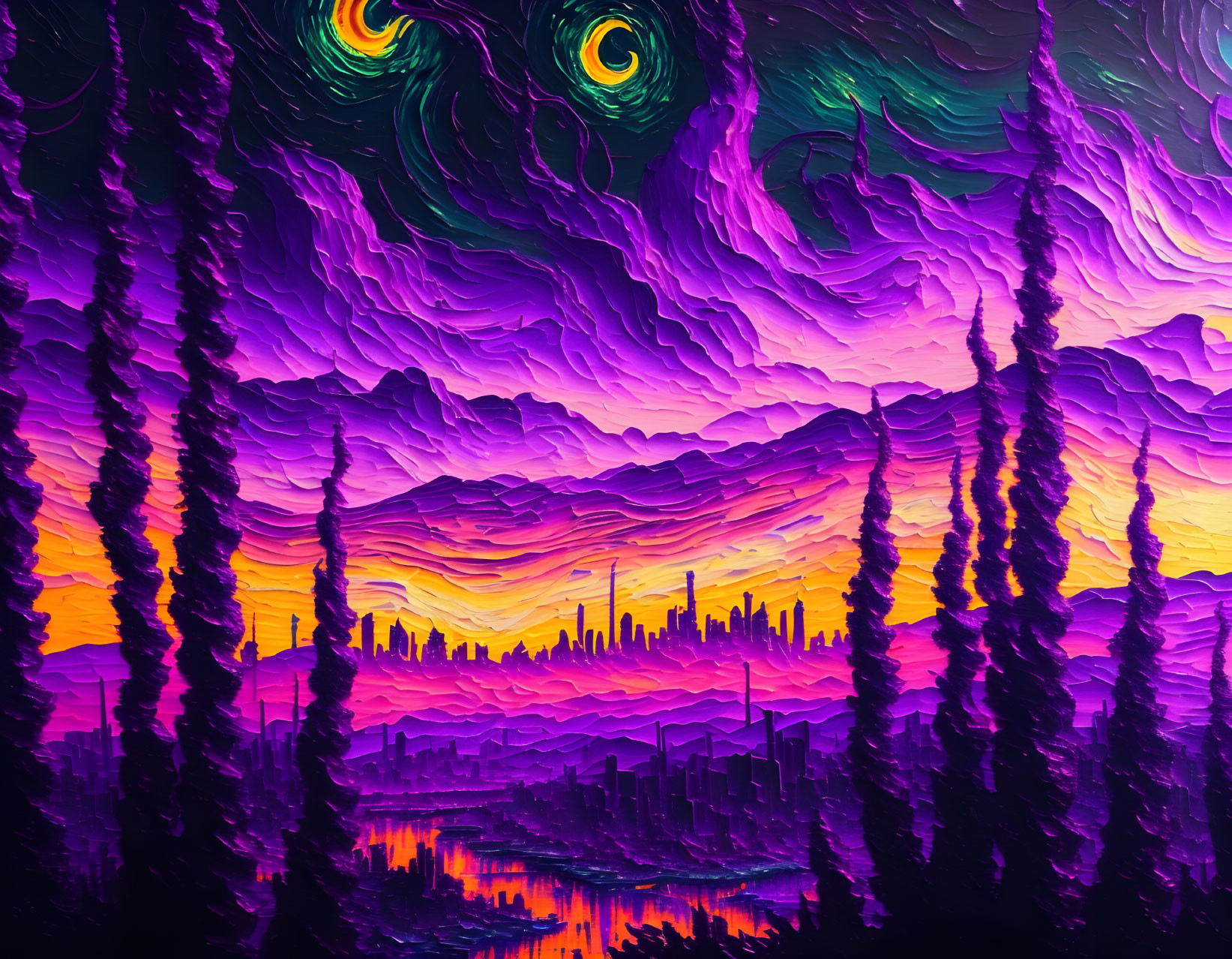 Colorful psychedelic landscape with purple sky, city skyline silhouette, and reflective water.