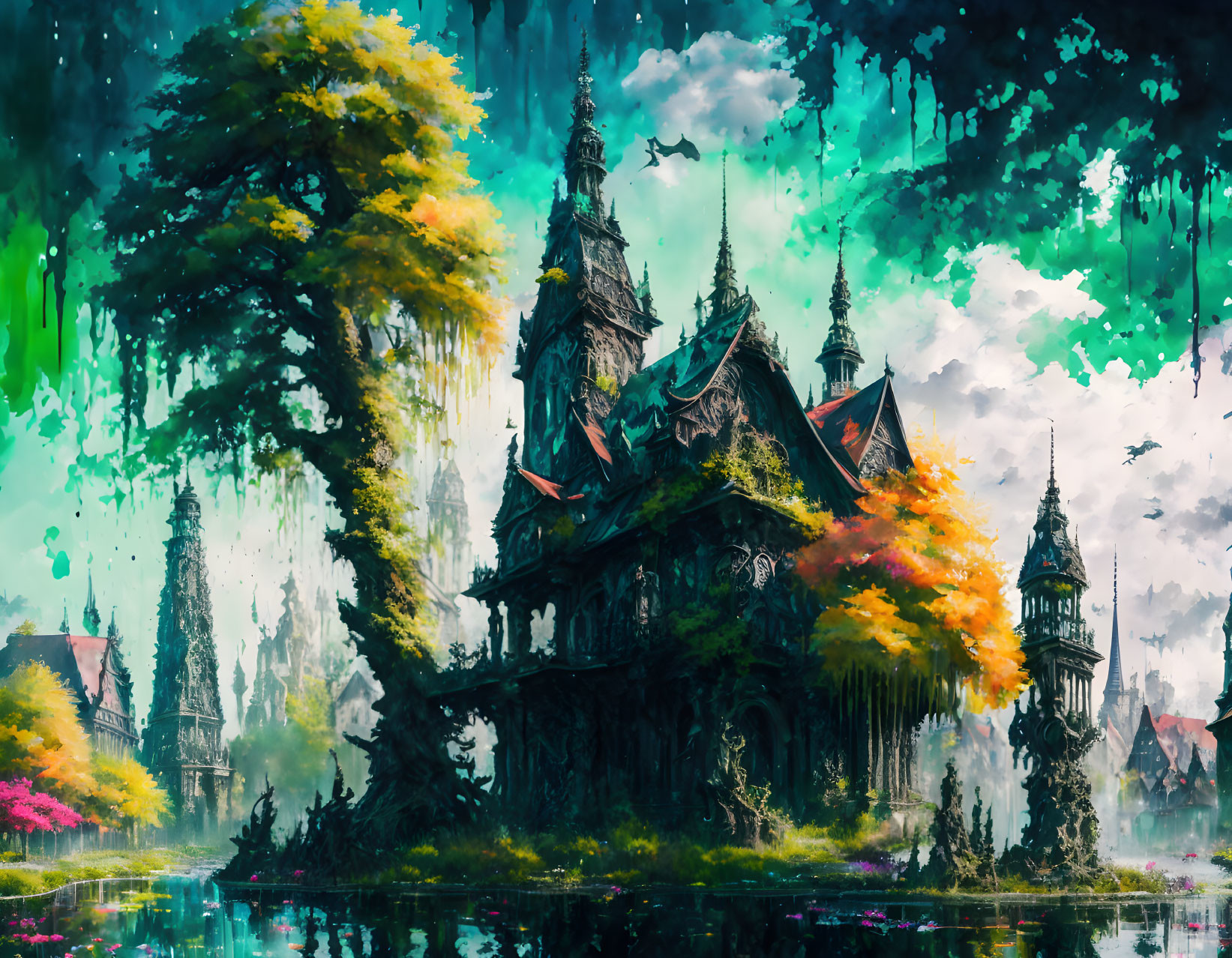 Enchanting castle in vivid fantasy landscape with colorful trees