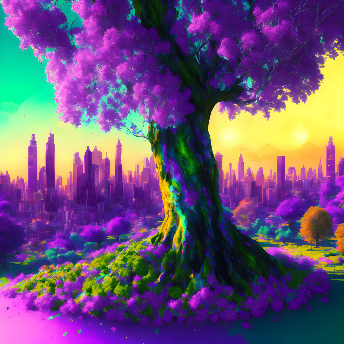 Colorful illustration of large tree with purple foliage & fantastical city skyline on pink-yellow gradient sky.