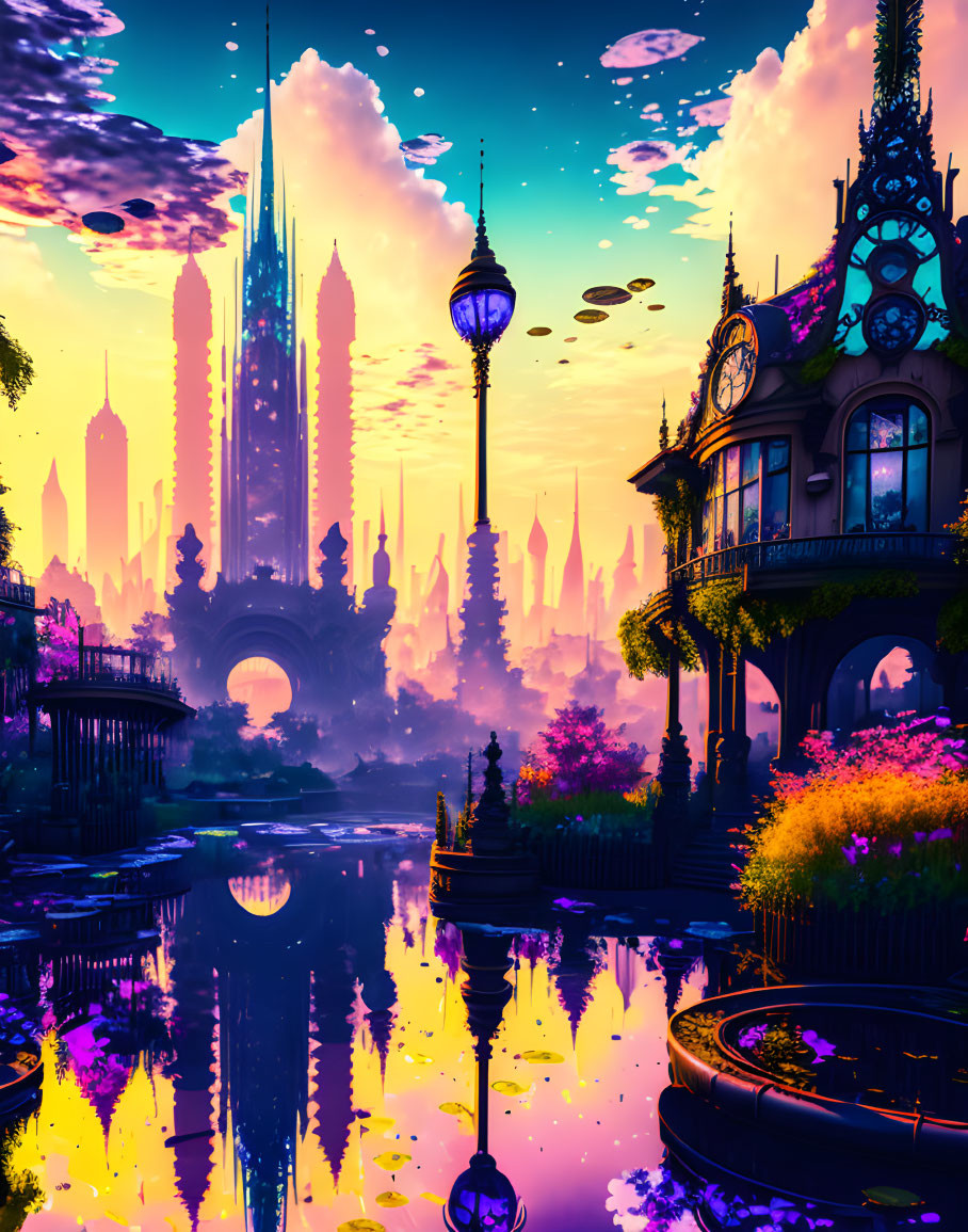 Fantasy cityscape at sunset with spires, clock tower house, and floating islands