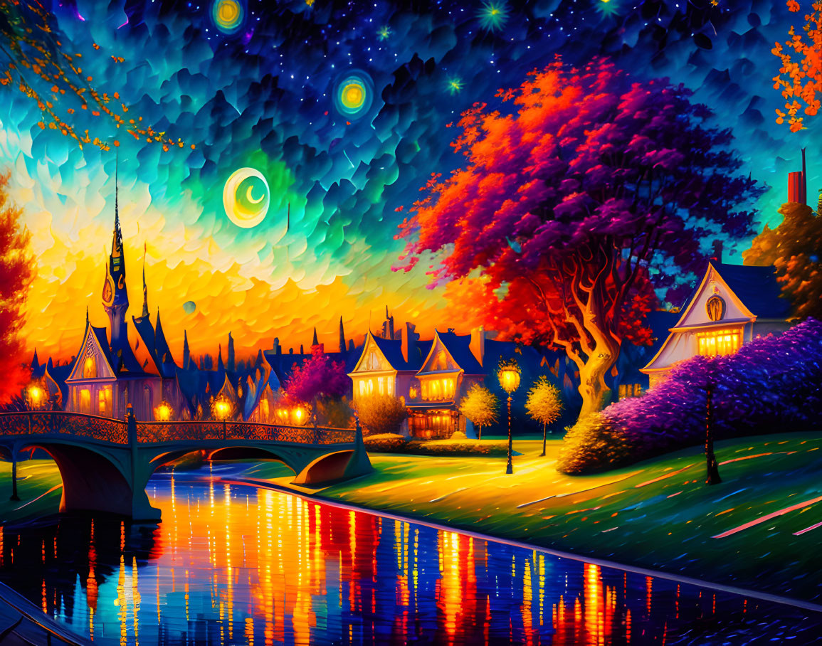 Stylized painting of illuminated village by tranquil river