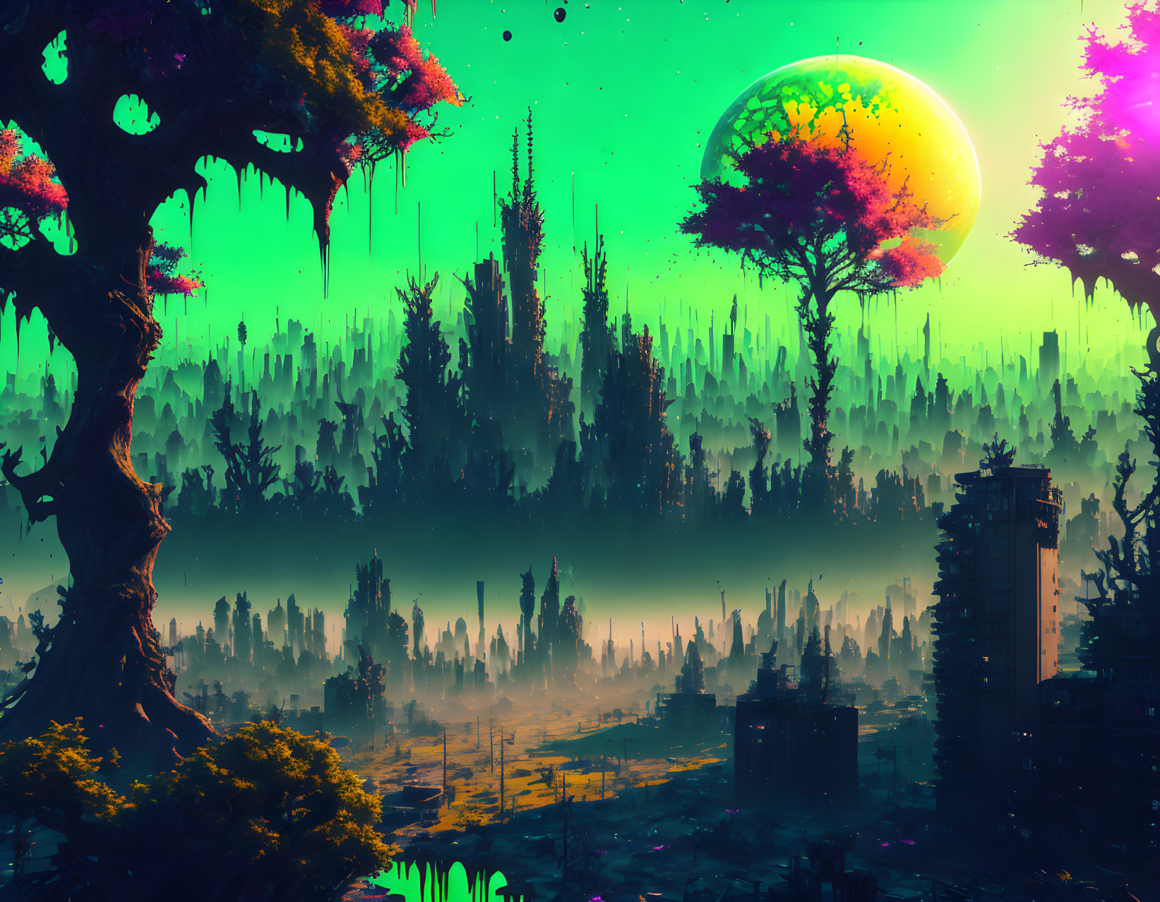 Vibrant alien landscape with neon colors, floating islands, futuristic ruins, and colorful planet