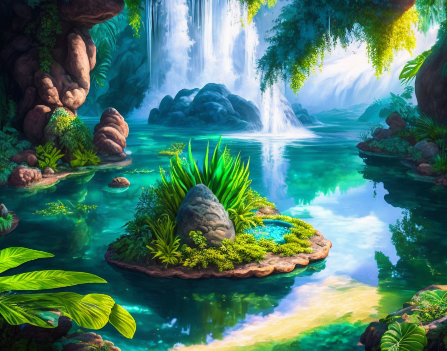 Fantastical landscape with cascading waterfall and turquoise lagoon