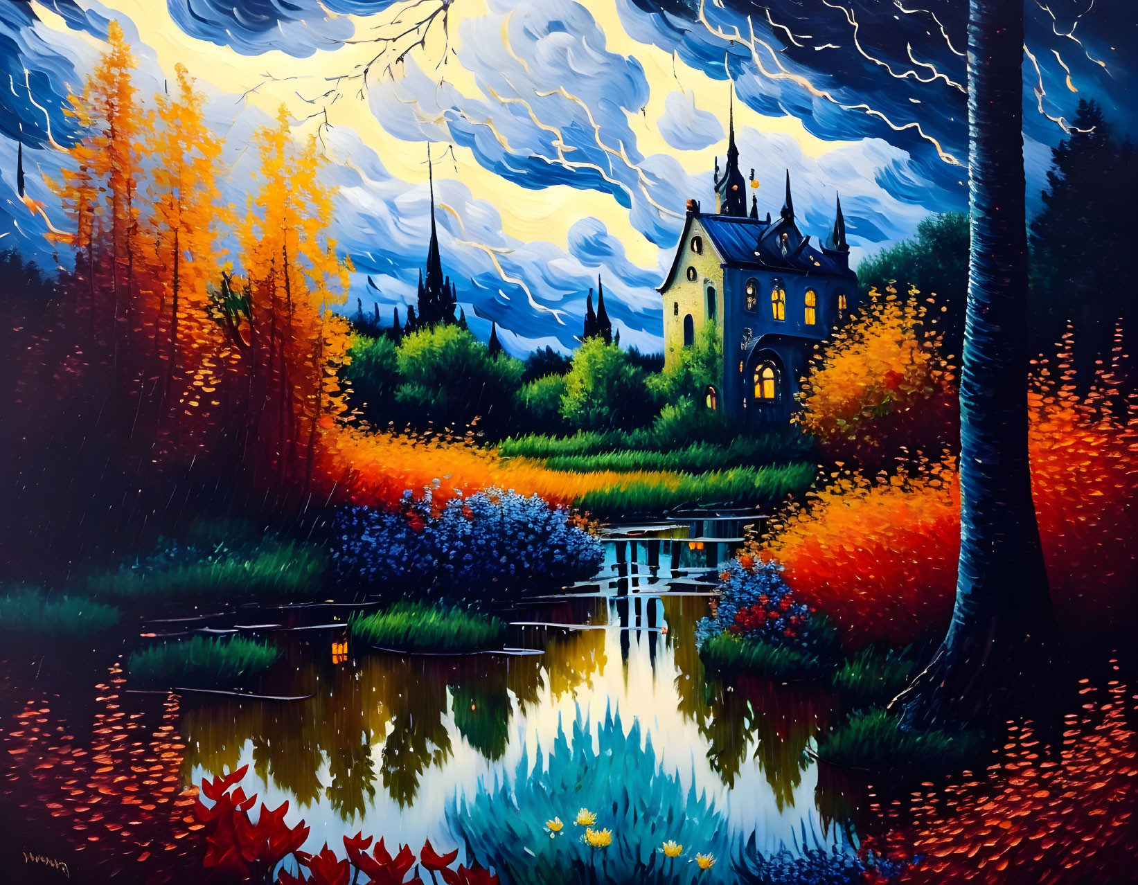 Autumnal scene with gothic house, colorful trees, pond, dramatic sky