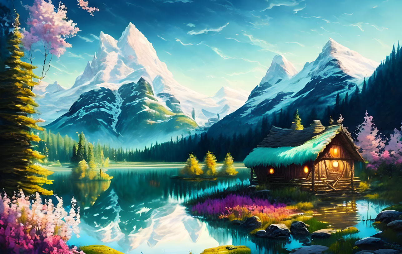 Tranquil mountain landscape with reflective lake and cozy cabin